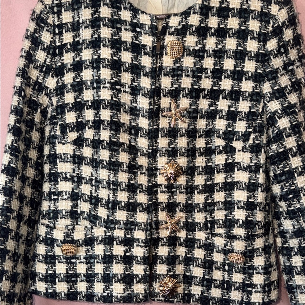 Tweed Blazer Jacket Gold Button Textured Structured Spring Chic - Picture 6 of 7
